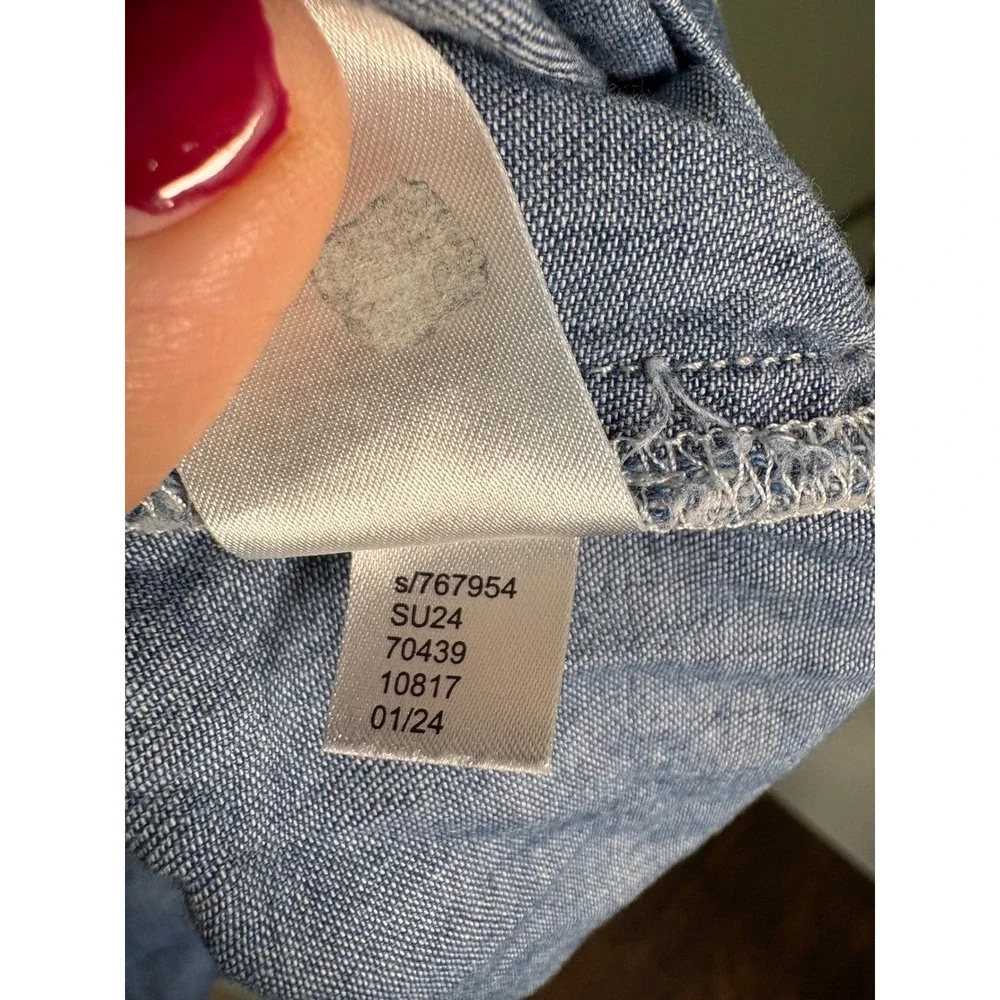 LOFT Chambray Top Blue Denim Open Back Puff Sleeve Medium